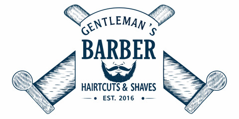 Vintage barber shop sign with crossed razors and mustache illustration