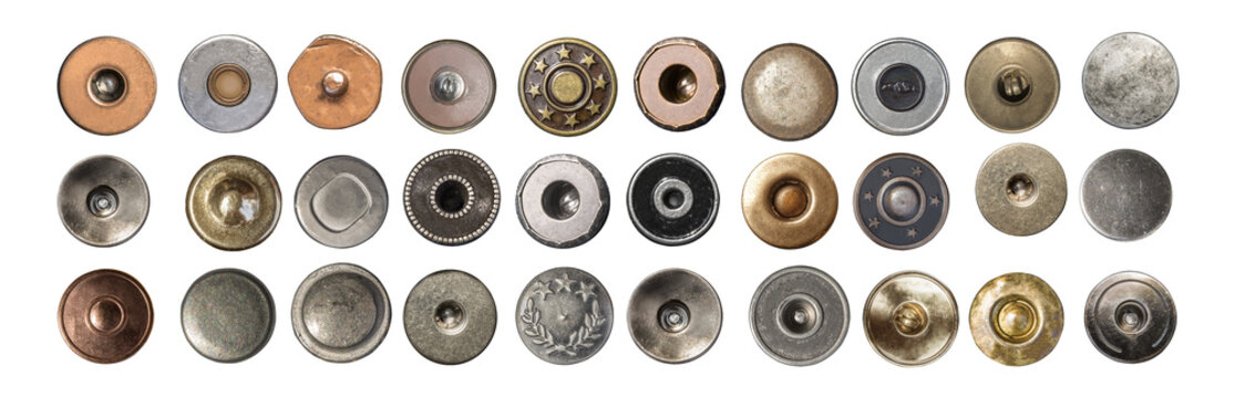 Assorted jean buttons and rivets with transparent background