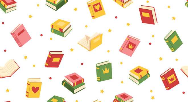 Colorful books pattern background featuring reading material with cute stars and polka dots illustrates education, learning, and imagination for kids, children, teachers, or studen.