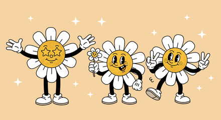 Naklejka premium Retro Flower Cartoon Characters Celebrate with Style: Groovy daisy mascots expressing joy and peace in a whimsical vintage design that evokes nostalgia and happiness, perfect for b.