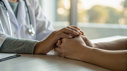 Obraz premium A doctor and a patient hold hands in a supportive gesture, symbolizing care and compassion in a healthcare setting.
