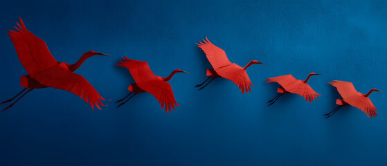 Obraz premium Blue paper cranes arranged in a pattern on a solid background for creative design minimalist style