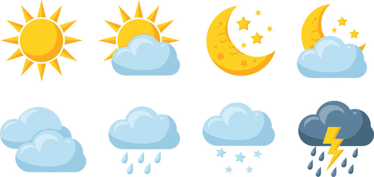 Weather icon set with sun, clouds, moon, rain, snow and thunderstorm symbols for forecast app design