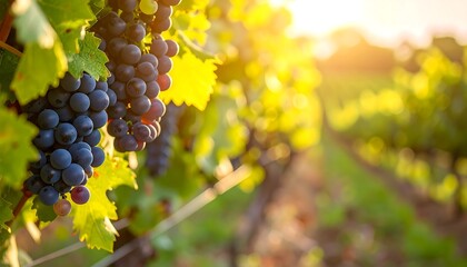 blur background with A vibrant autumn vineyard reveals clusters of ripe purple grapes hanging from a grapevine, ready for the winery harvest amidst a landscape of red and green leaves