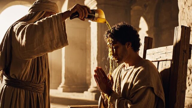 Anointing Ritual Man pouring liquid over seated man in ancient setting