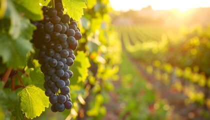 blur background with A vibrant autumn vineyard reveals clusters of ripe purple grapes hanging from a grapevine, ready for the winery harvest amidst a landscape of red and green leaves