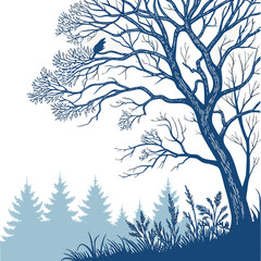 Obraz premium Winter tree silhouette with bird