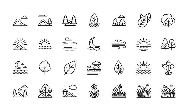 Minimal Monoline Nature Icons Set with Outdoor and Environmental Symbols Vector