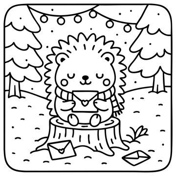 A cute hedgehog sits on a tree stump, holding a letter, surrounded by trees and festive lights in a whimsical, hand-drawn style.