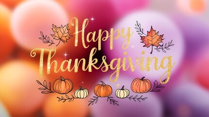 Naklejka premium Hand-lettered Happy Thanksgiving text with golden shine and dreamy multicolor bokeh backdrop
