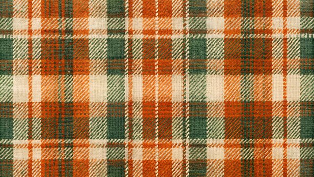 Rustic Plaid Fabric Texture with Orange Green and Cream Stripes Detailed Weave Pattern