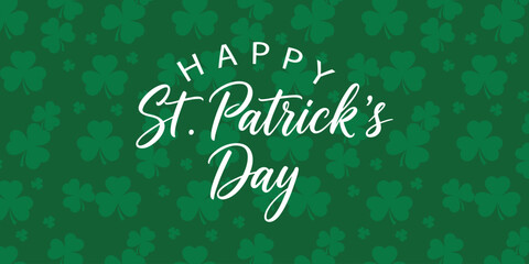 Happy st patricks day typography on green patterned background with repeating shamrock and clover silhouettes for festive irish holiday greeting card © CreativeStore