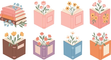 Cute book and flower illustration set with pastel open books and botanical spring reading clipart collection