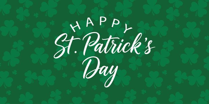 Happy st patricks day typography on green patterned background with repeating shamrock and clover silhouettes for festive irish holiday greeting card