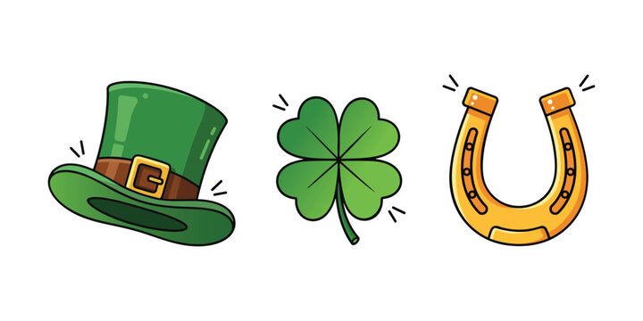 Saint patricks day elements with four leaf clover green leprechaun hat and golden lucky horseshoe for irish festival theme