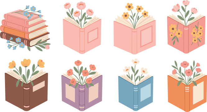Cute book and flower illustration set with pastel open books and botanical spring reading clipart collection