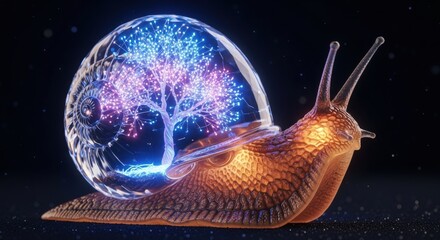 Fototapeta premium Vibrant snail with glowing tree inside shell on dark background