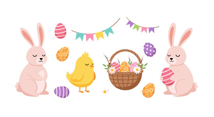 Fototapeta premium Adorable Easter Illustration: Charming bunnies, colorful eggs, and a cute chick celebrate springtime festivities in a whimsical, hand-drawn style, perfect for holiday cards, poster.