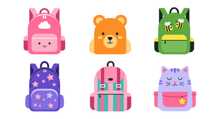 Colorful Backpacks for Kids Illustration Set offers cute animal-themed schoolbags and rucksacks with whimsical star, stripe, cloud, bee, and cat designs, perfect for back-to-school.