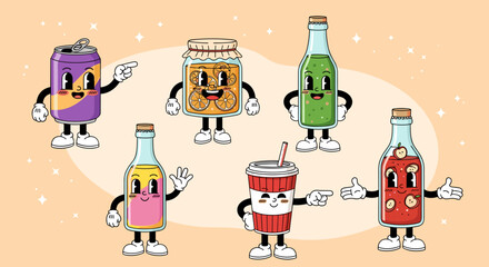 Naklejka premium Animated Retro Drink Characters Collection Offering Beverage Choices with Playful Expressions, Including Juice, Soda, and Water in a Fun, Cartoon Style for Product Design and Marke.