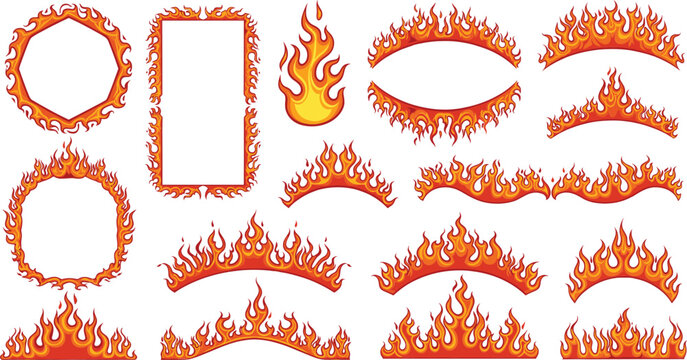 Flaming fire border frame collection with burning flame shapes, hot abstract blaze elements for dramatic design