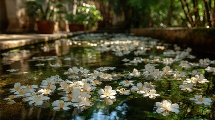 Naklejka premium A pond filled with floating white flowers under dappled sunlight, surrounded by greenery