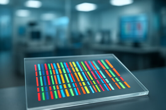 Transparent glass slide displaying a multicolored microarray grid of genetic data for high-throughput DNA sequencing and genomic profiling