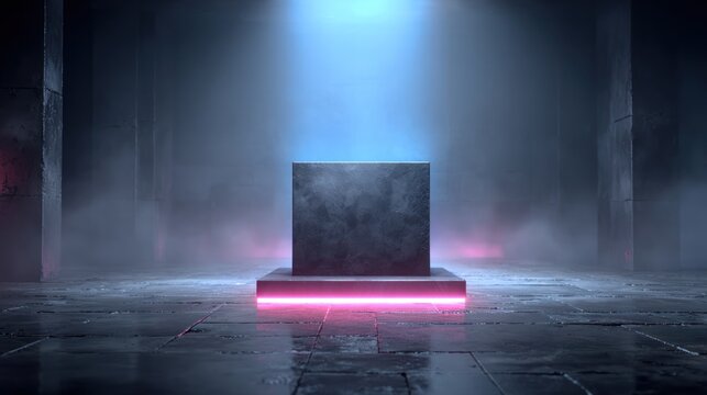 A stone cube sits on a platform, illuminated by pink and blue lights. Mist obscures the surrounding area