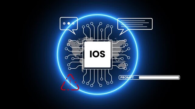 Digital circuit board with IOS text warning symbol animation isolated on black background