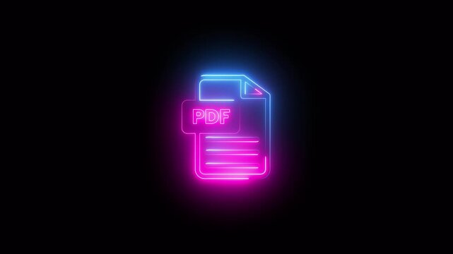 Neon PDF file icon glowing animation isolated on black background