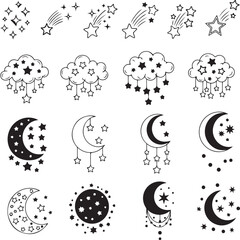 Fototapeta premium A collection of whimsical black and white illustrations depicts celestial elements including clouds stars moons and shooting stars arranged in rows high-quality professional detailed