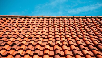 Intricate network of red clay roof tiles against a vibrant blue sky,  detail,  design