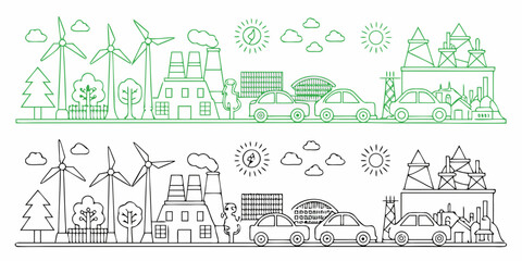 Naklejka premium Green energy cityscape illustration with wind turbines solar panels and buildings
