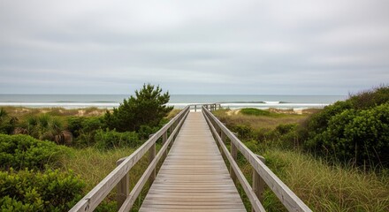 Fototapeta premium Pathway to Paradise: A wooden boardwalk beckons toward the tranquil horizon where the sea meets the sky on a serene day, offering a journey toward the boundless ocean.