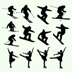 Winter sports vector silhouettes: skiing, snowboarding, ice skating figures, isolated on white