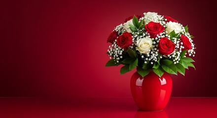 Obraz premium Valentine's day romantic background with red roses and white flowers bouquet