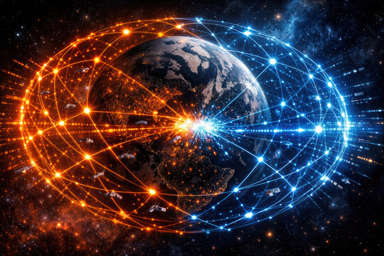 Global connectivity and Low Earth Orbit satellite constellations clashing in space with dual orange and blue digital networks illustrating orbital congestion and space race concept