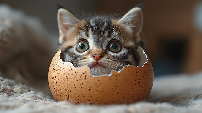 Kitten hatching from eggshell