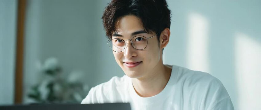 Cheerful Asian Male Freelancer or Student Working Online with Positive Expression in Bright Room