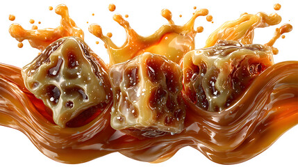 Set of delicious caramel splashes, cut out. The caramel splashes are rich, warm brown in color, frozen in motion with no part of the splash cut off.