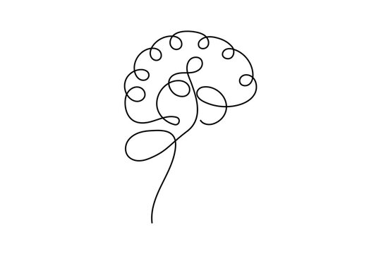 Continuous one  line drawing of a human brain on white background