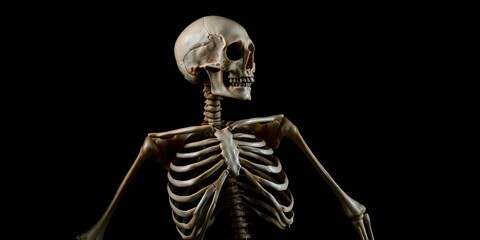 Decaying skeleton, stark black backdrop, Halloween, creepy, still life