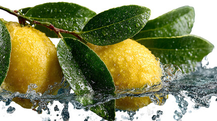 Set of fresh delicious lemons splashing with leaves, cut out, with lemon slices falling into clear water, surrounded by green leaves. The water splash is bright and energetic.