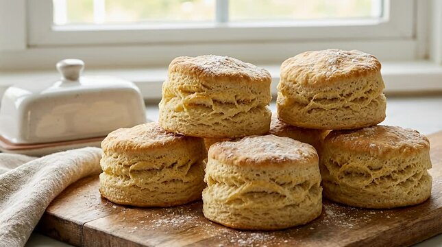 Fluffy golden biscuits stacked high, dusted with powdered sugar, homemade comfort food photography, biscuit.