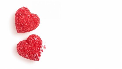 Fototapeta premium Two Red Sugar Heart Candies on White Background with Copy Space 