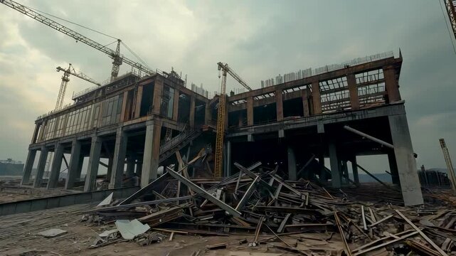 Abandoned Construction Site with Concrete Framework Cranes and Scattered Debris Under Overcast Sky Showing Urban Development and Industrial Decay