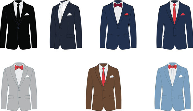 Set of men&rsquo;s formal suit jackets with ties and bow ties isolated on white background, elegant fashion vector illustration