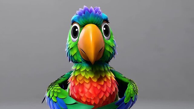 Cartoon parrot with colorful feathers against a plain background