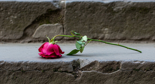 A single wilted pink rose lying discarded on a cold stone step representing themes of heartbreak lost love loneliness sadness and end of a romance