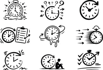 Hand drawn time doodle icon set for scheduling and deadlines, Time planning and deadline concept design